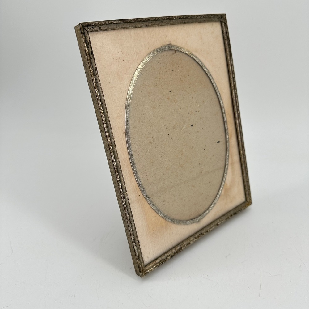 Vintage Etched Silver Tone Metal Oval Opening Picture Frame Easel Back